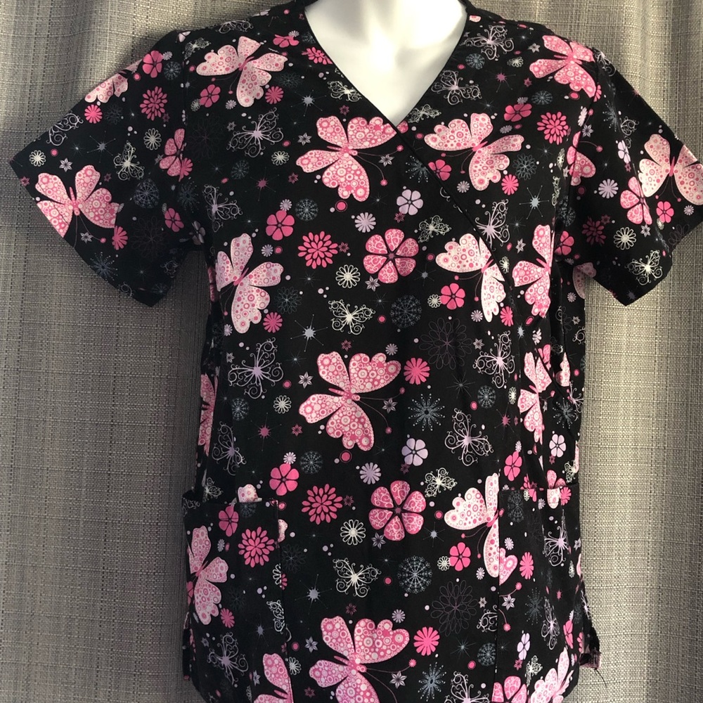 EUC Scrubology Butterfly Print Scrub Top
